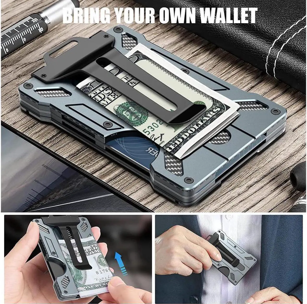 Alt view image 5 of 6 - Wallet For Men - Slim Aluminum Metal Money Clip with 1 Clear window ID Badge Holder, RFID Blocking, Holds up 15 Cards with Cash Clip. Ultra-Thin Minimalist Wallet