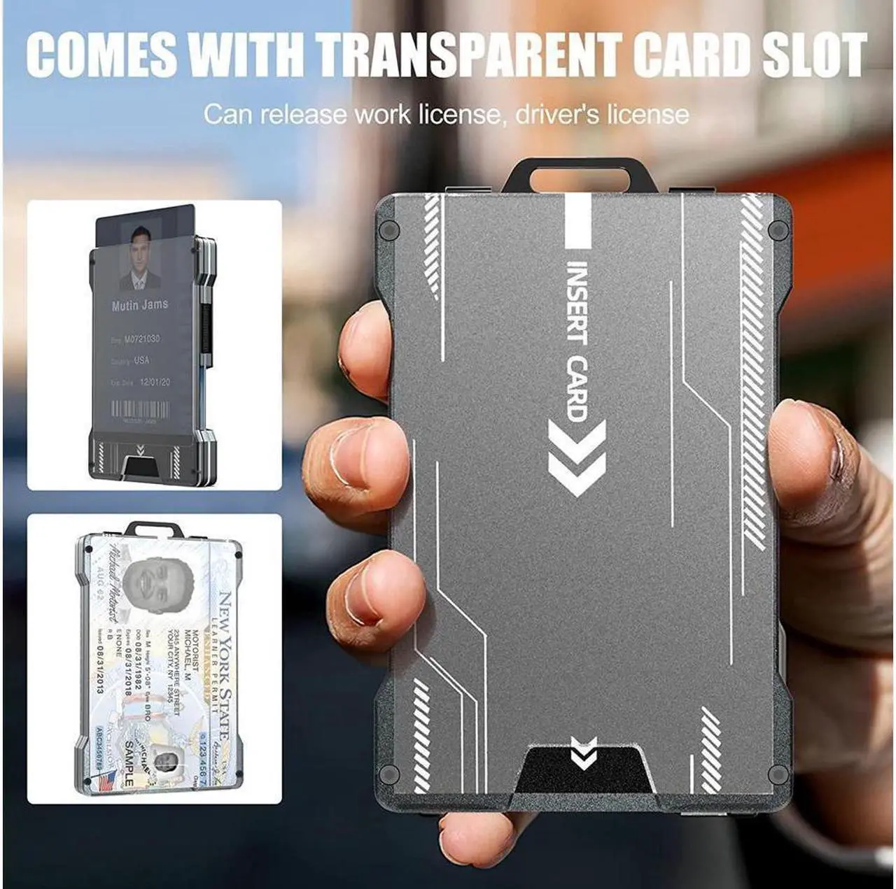 Alt view image 3 of 6 - Wallet For Men - Slim Aluminum Metal Money Clip with 1 Clear window ID Badge Holder, RFID Blocking, Holds up 15 Cards with Cash Clip. Ultra-Thin Minimalist Wallet
