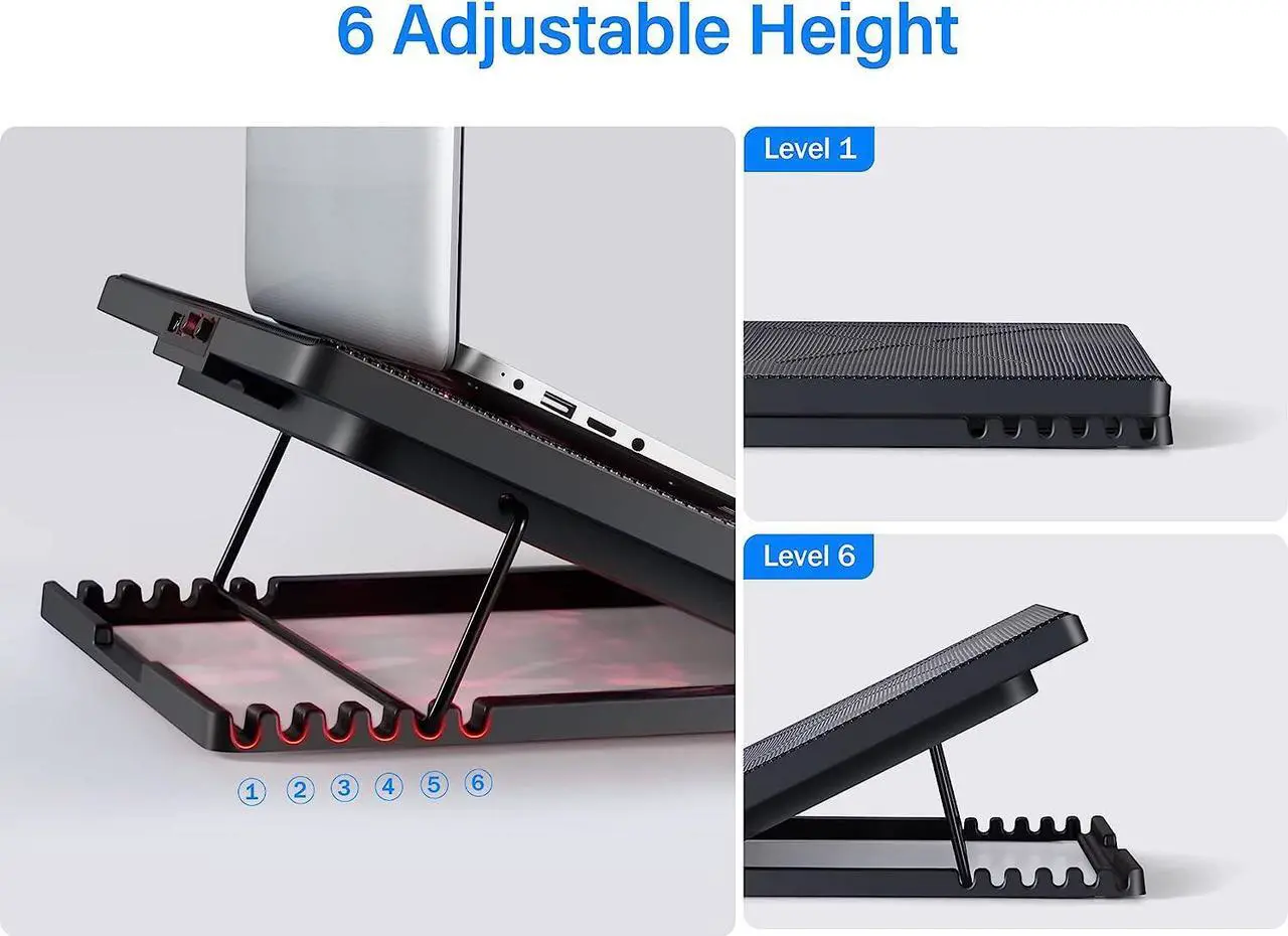 Alt view image 6 of 7 - Laptop Cooler, Laptop Cooling Pad with 5 Quiet Fans for 12-17.3 Inch Laptop, Cooler Pad with LED Light, Dual 2 USB Ports, Adjustable Mount Stand Height Angle (5 Fans) Red