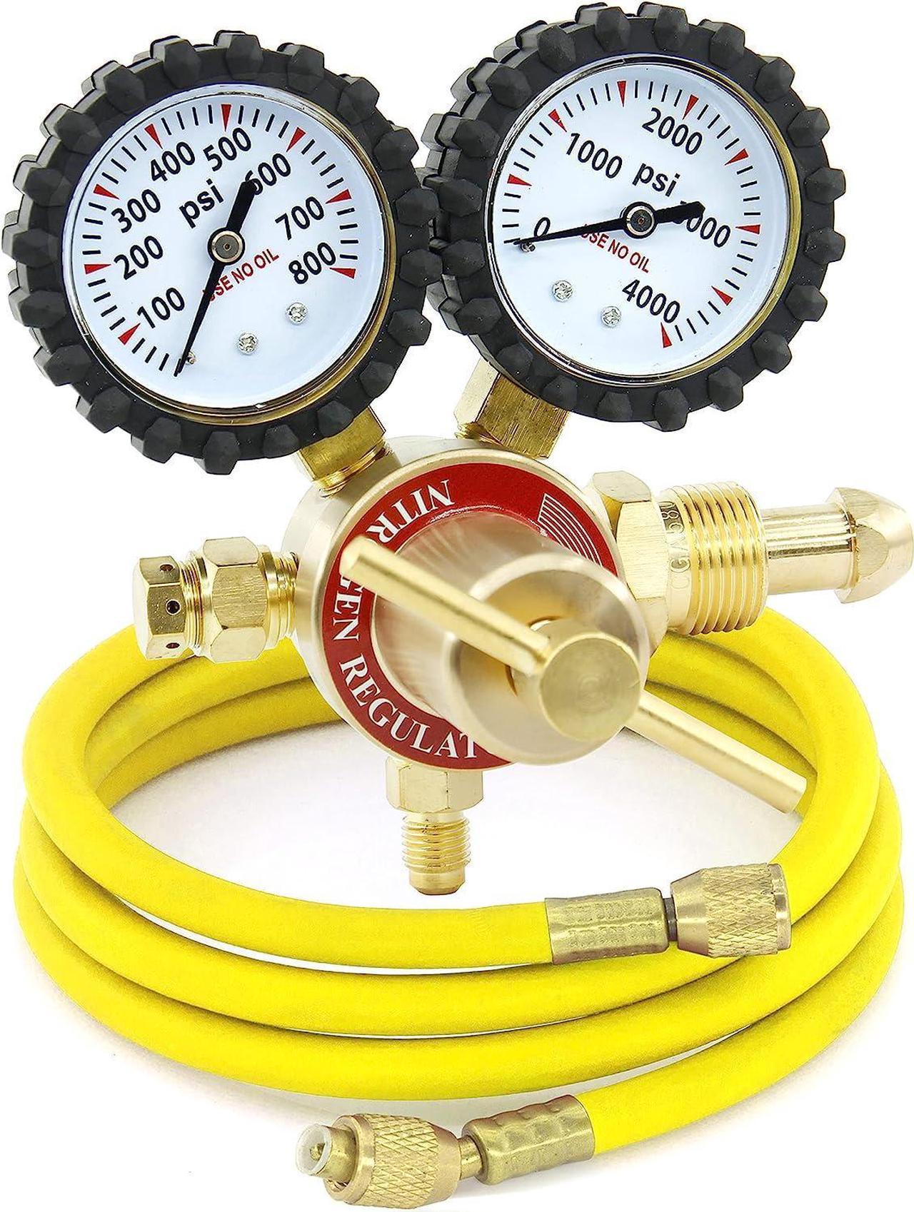 Nitrogen Regulator with 0-800 PSI Delivery Pressure Equipment Brass Inlet Outlet Connection Gauges With 5Ft Refrigeration Hose