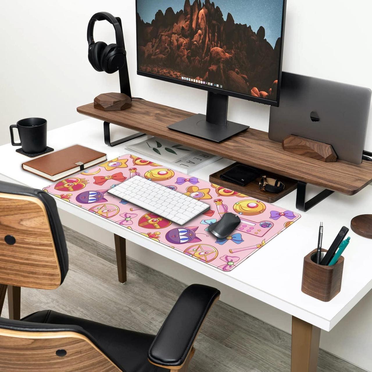 Alt view image 3 of 6 - Desk Mat Cute Kawaii Desk Accessories Girls Extended Gaming Mouse Desk Pad Decorations for Women Office Keyboard Mousepad Mat31.5x15.75in, Stitched Edge Non-Slip Bottom Large Mouse Pad for Desk