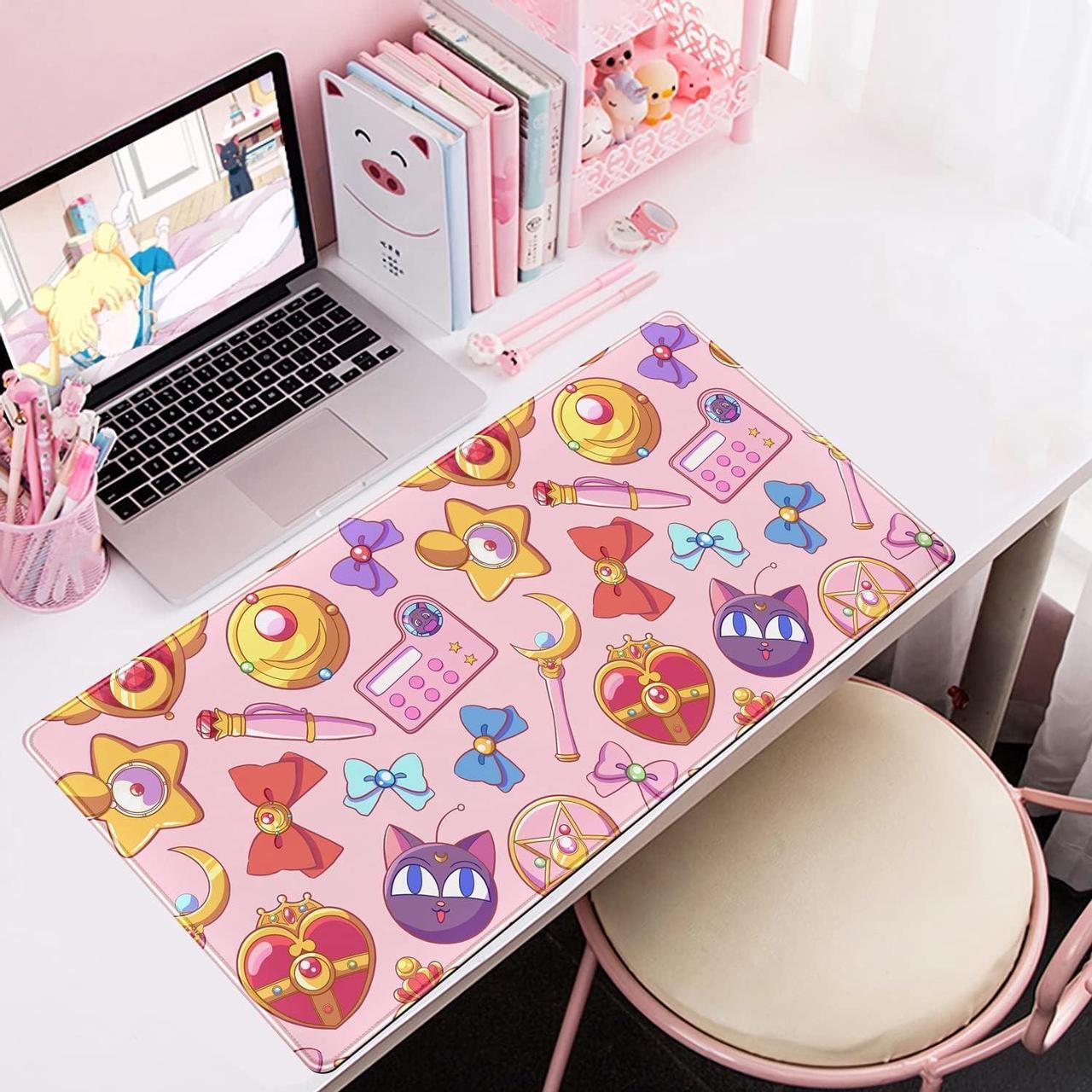 Alt view image 5 of 6 - Desk Mat Cute Kawaii Desk Accessories Girls Extended Gaming Mouse Desk Pad Decorations for Women Office Keyboard Mousepad Mat31.5x15.75in, Stitched Edge Non-Slip Bottom Large Mouse Pad for Desk
