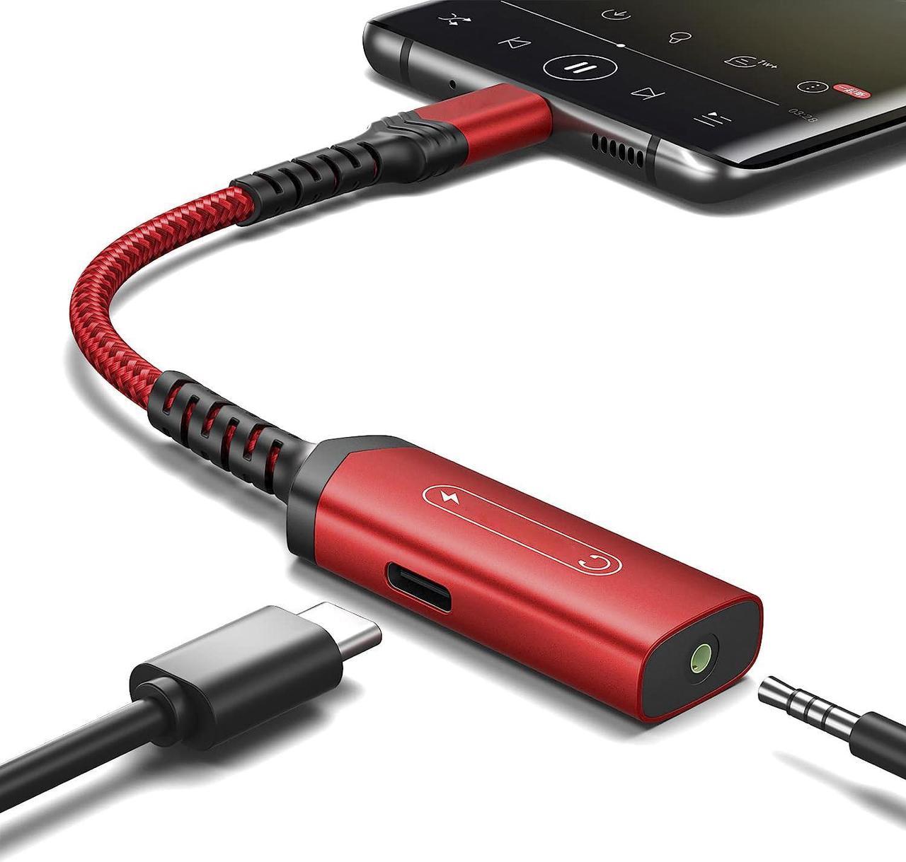 USB C to 3.5mm Headphone and Charger Adapter, 2-in-1 USB C to AUX Mic Jack with PD 60W Fast Charging for Stereo, Earphones,Compatible with Galaxy Note 20/10/S20/S21, Pixel 2/3/4 XL-Red