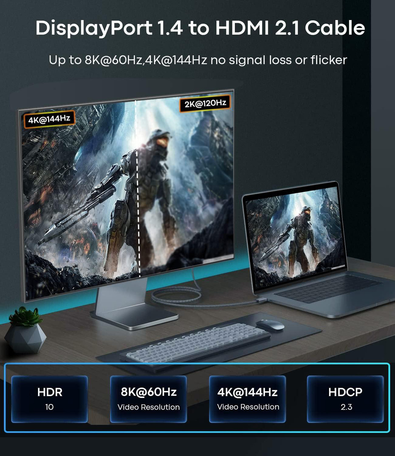 4K DisplayPort To HDMI Cable 3m, High Speed DP To HDMI Cord (1440P@60Hz, 1080P@1