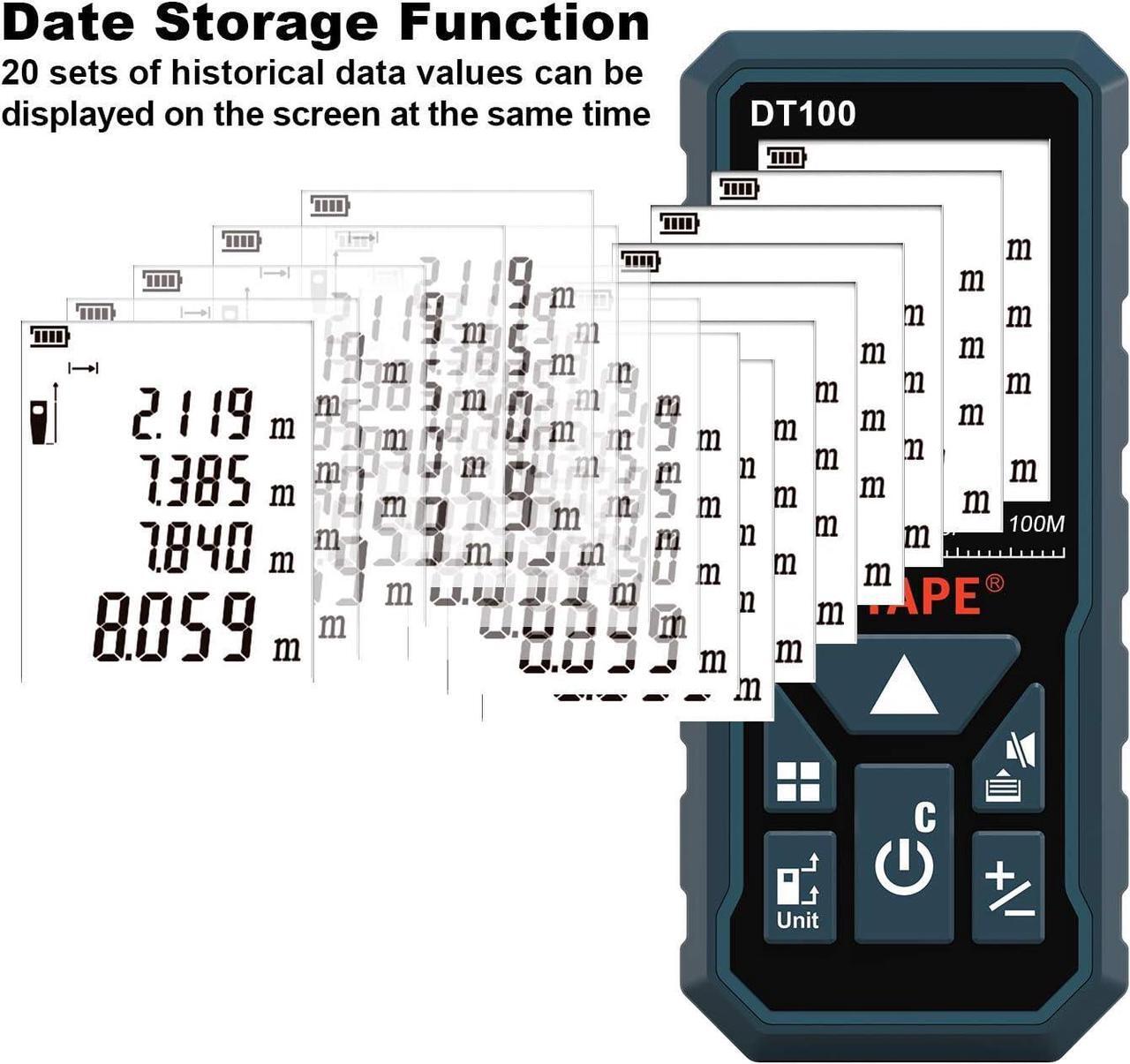 Alt view image 5 of 7 - Laser Measure 328 Feet Digital Laser Tape Measure M/in/Ft Unit Switching Backlit LCD and Pythagorean Mode, Measure Distance, Area and Volume - Hand Strap and Battery Included DT100