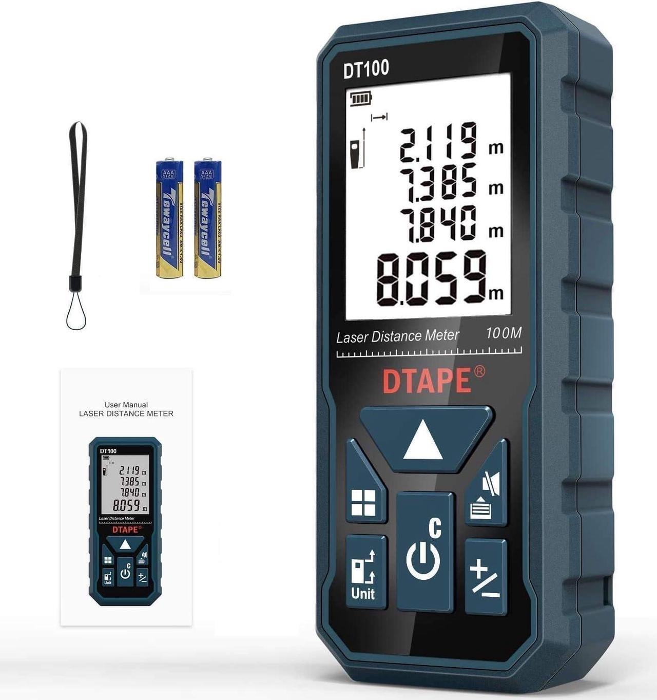 Main image of Laser Measure 328 Feet Digital Laser Tape Measure M/in/Ft Unit Switching Backlit LCD and Pythagorean Mode, Measure Distance, Area and Volume - Hand Strap and Battery Included DT100