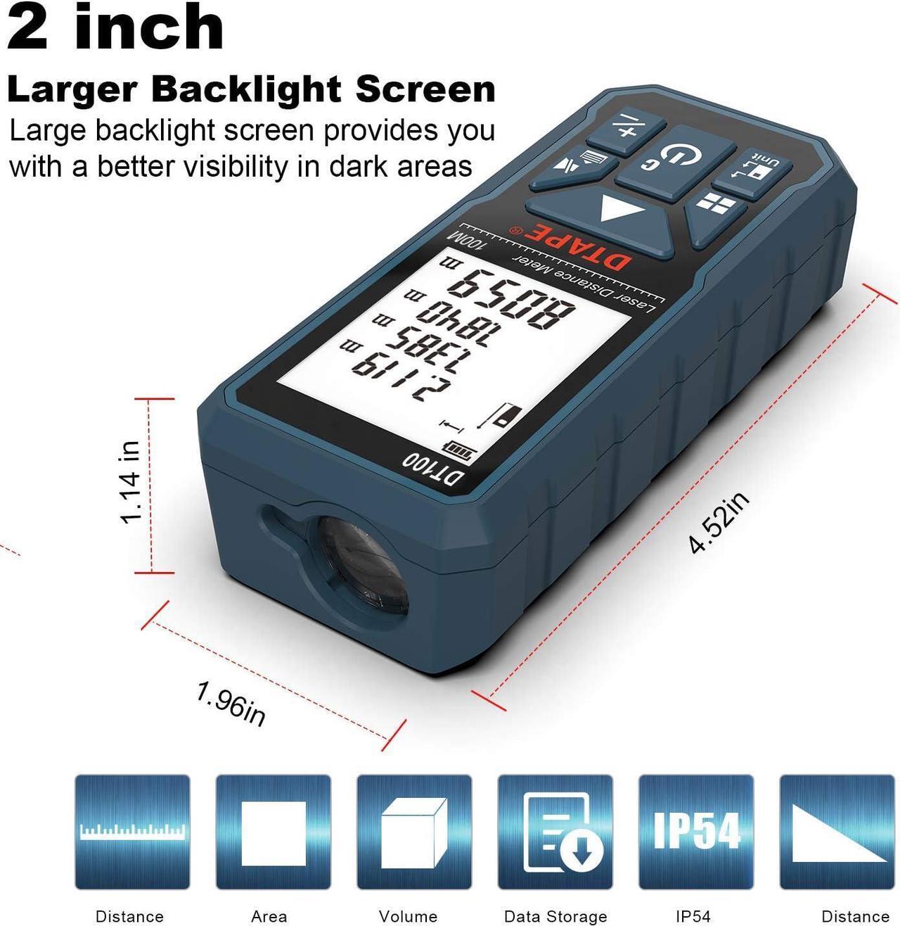 Alt view image 4 of 7 - Laser Measure 328 Feet Digital Laser Tape Measure M/in/Ft Unit Switching Backlit LCD and Pythagorean Mode, Measure Distance, Area and Volume - Hand Strap and Battery Included DT100