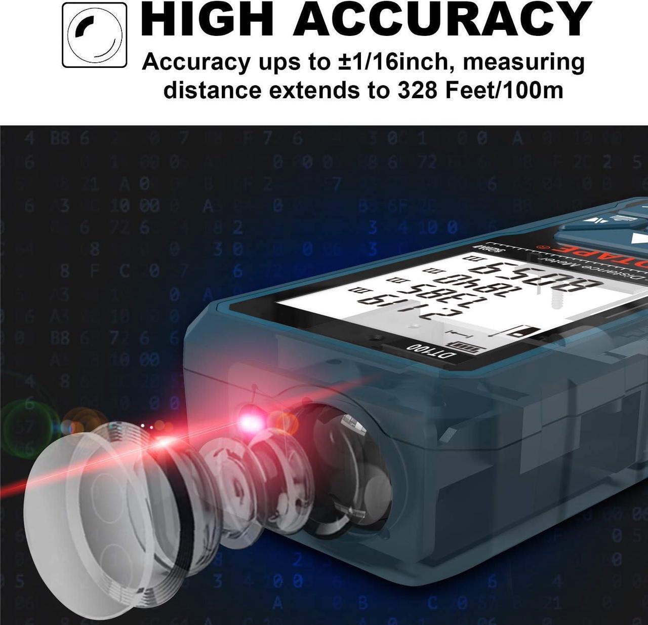 Alt view image 6 of 7 - Laser Measure 328 Feet Digital Laser Tape Measure M/in/Ft Unit Switching Backlit LCD and Pythagorean Mode, Measure Distance, Area and Volume - Hand Strap and Battery Included DT100