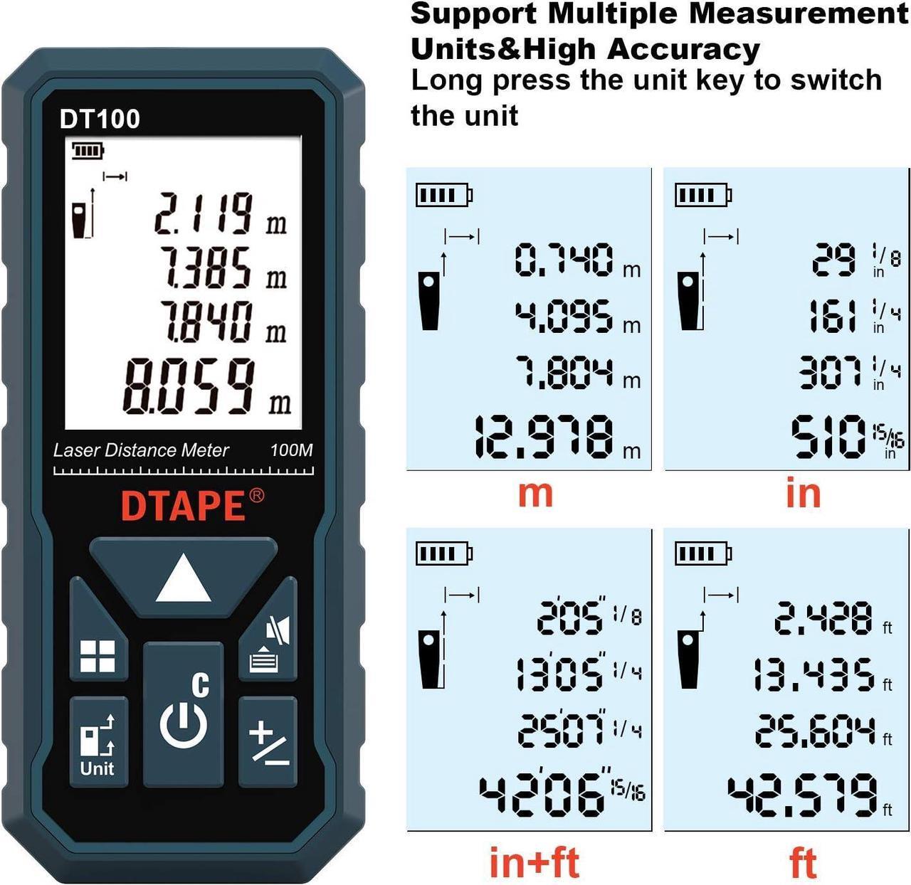 Alt view image 3 of 7 - Laser Measure 328 Feet Digital Laser Tape Measure M/in/Ft Unit Switching Backlit LCD and Pythagorean Mode, Measure Distance, Area and Volume - Hand Strap and Battery Included DT100