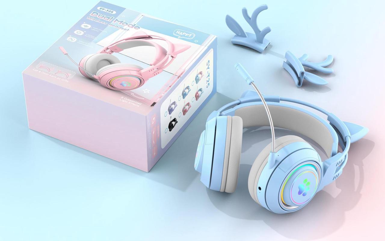 Cat Car Headphones Headset Gamer Wireless Headphones with Mic Gamer Girl Antler Bluetooth Gaming Headphones Blue