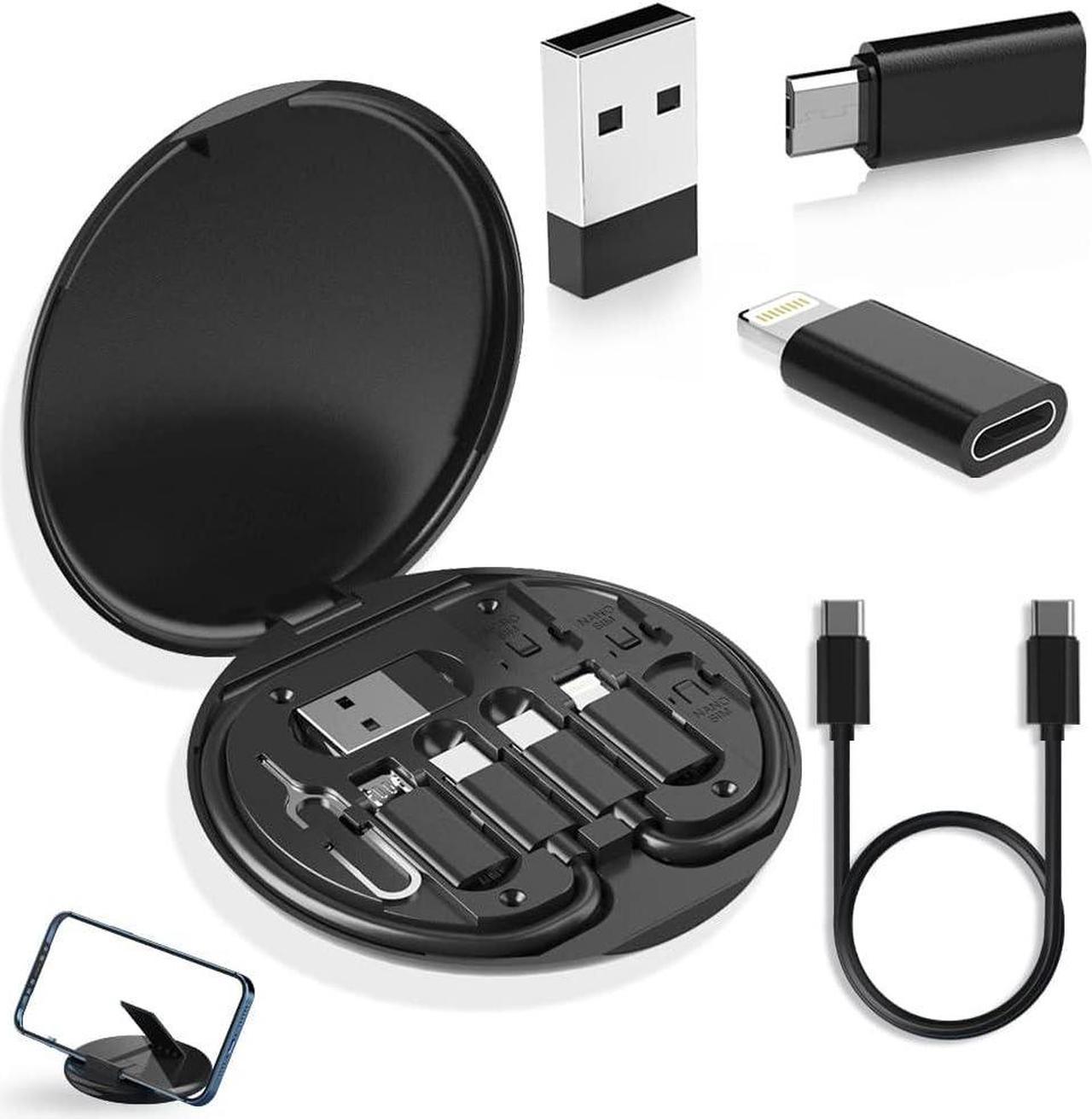 USB Adapter, Micro USB Charging Cable with USB C Lightning Adapter, Lightning to USB C Adapter, Multi Charging Cable Storage Box Contains SIM Card Holder 60W Fast Charging Data Transmission Black