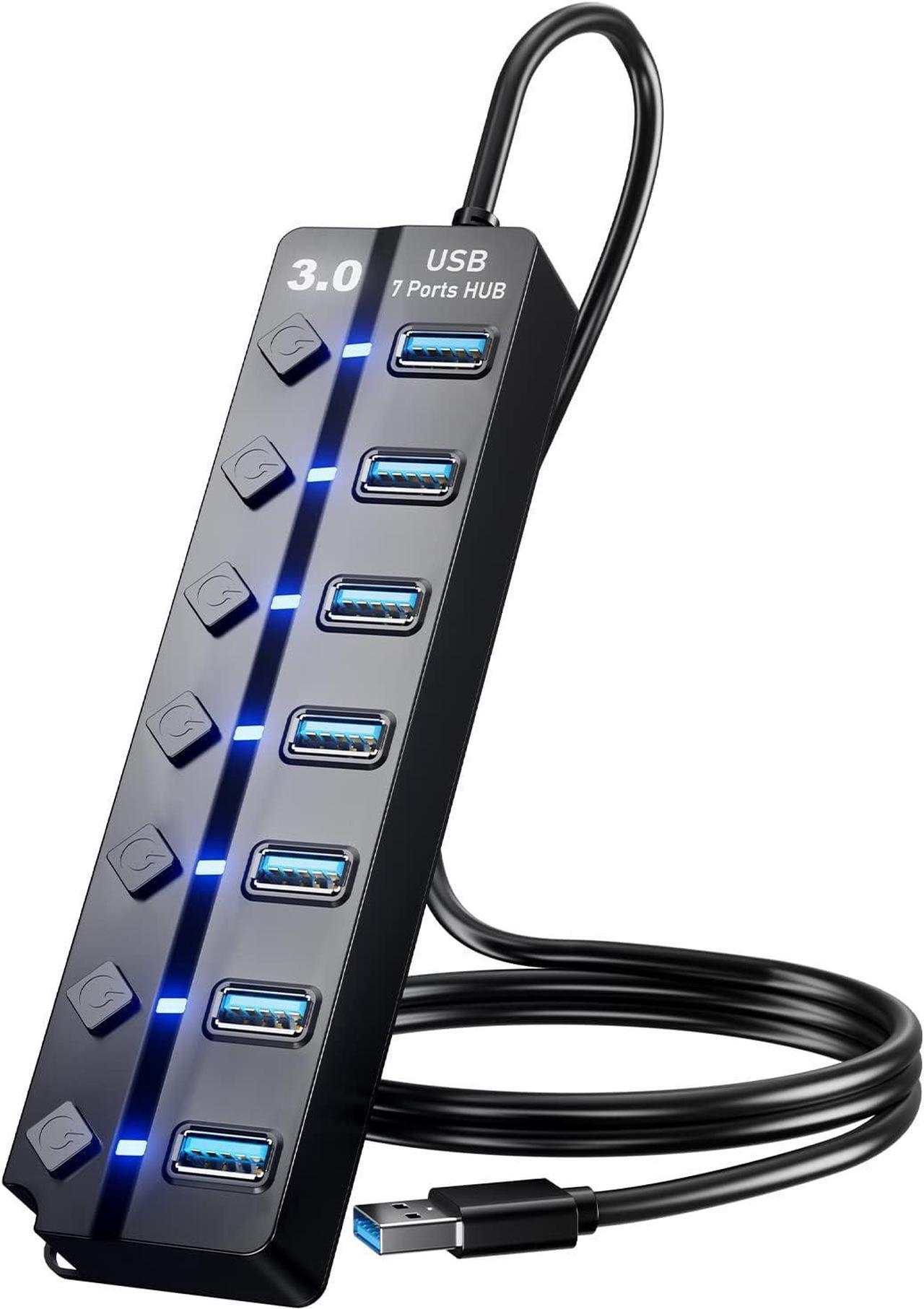 USB 3.0 Hub, 7-Port USB Data Hub Splitter with 3.9ft/1.2m Long Cable USB Extension for Laptop,PC Computer,Surface Pro, PS4/5, Flash Drive, Mobile HDD - with LED Individual On/Off