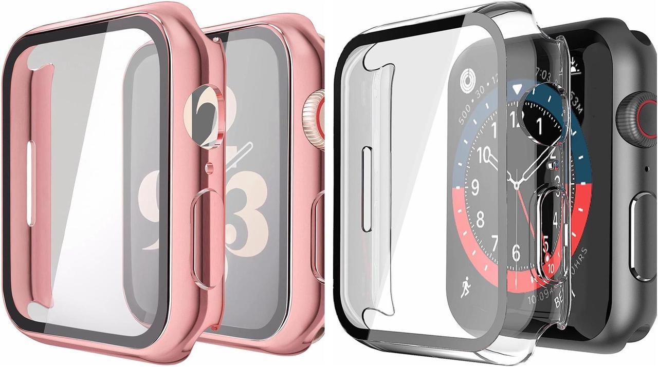 2 Pack Hard PC Case with Tempered Glass Screen Protector Compatible with Apple Watch Series 8 Series 7 45mm, Ultra-Thin Scratch Resistant Overall Protective Cover for iWatch S8 / S7, Pink+Transparent