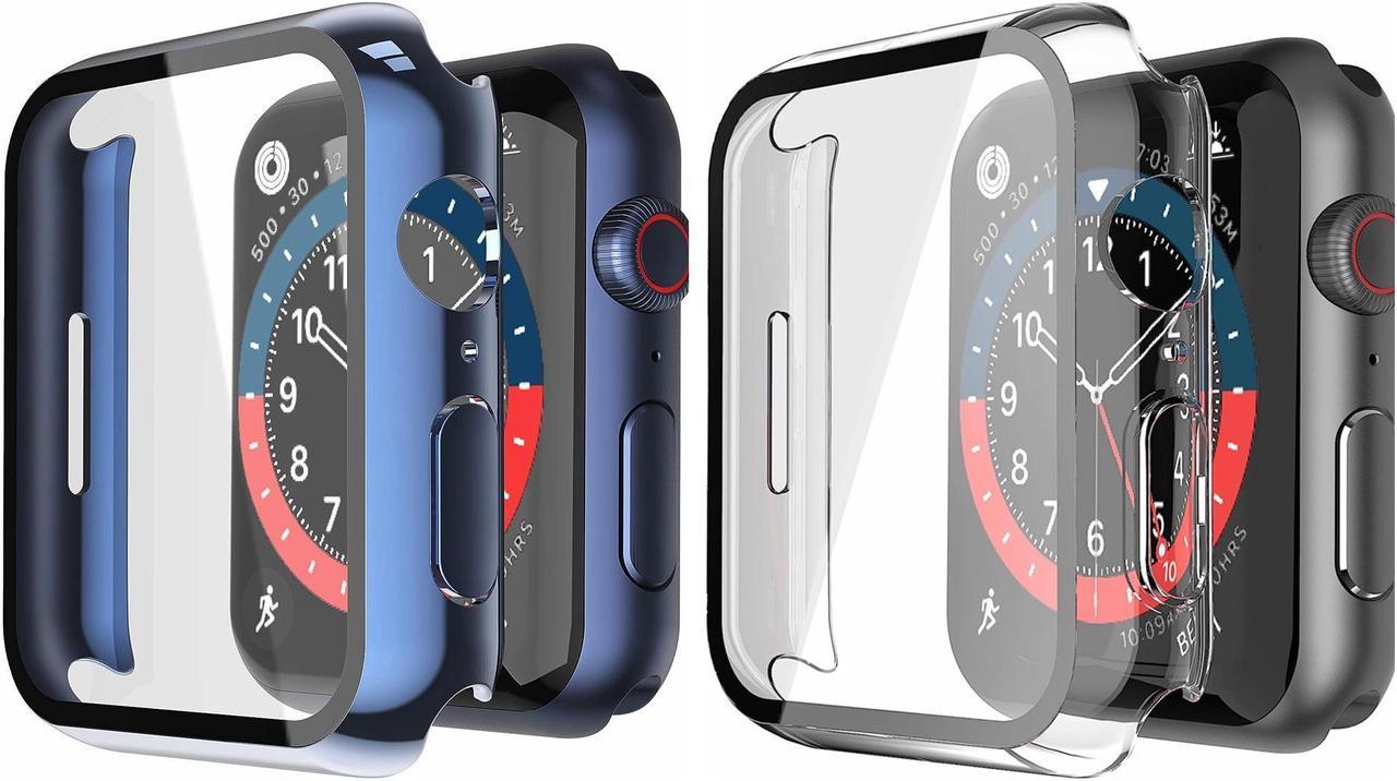 2 Pack Hard PC Case with Tempered Glass Screen Protector Compatible with Apple Watch Series 8 Series 7 45mm, Ultra-Thin Scratch Resistant Overall Protective Cover, Blue+Transparent