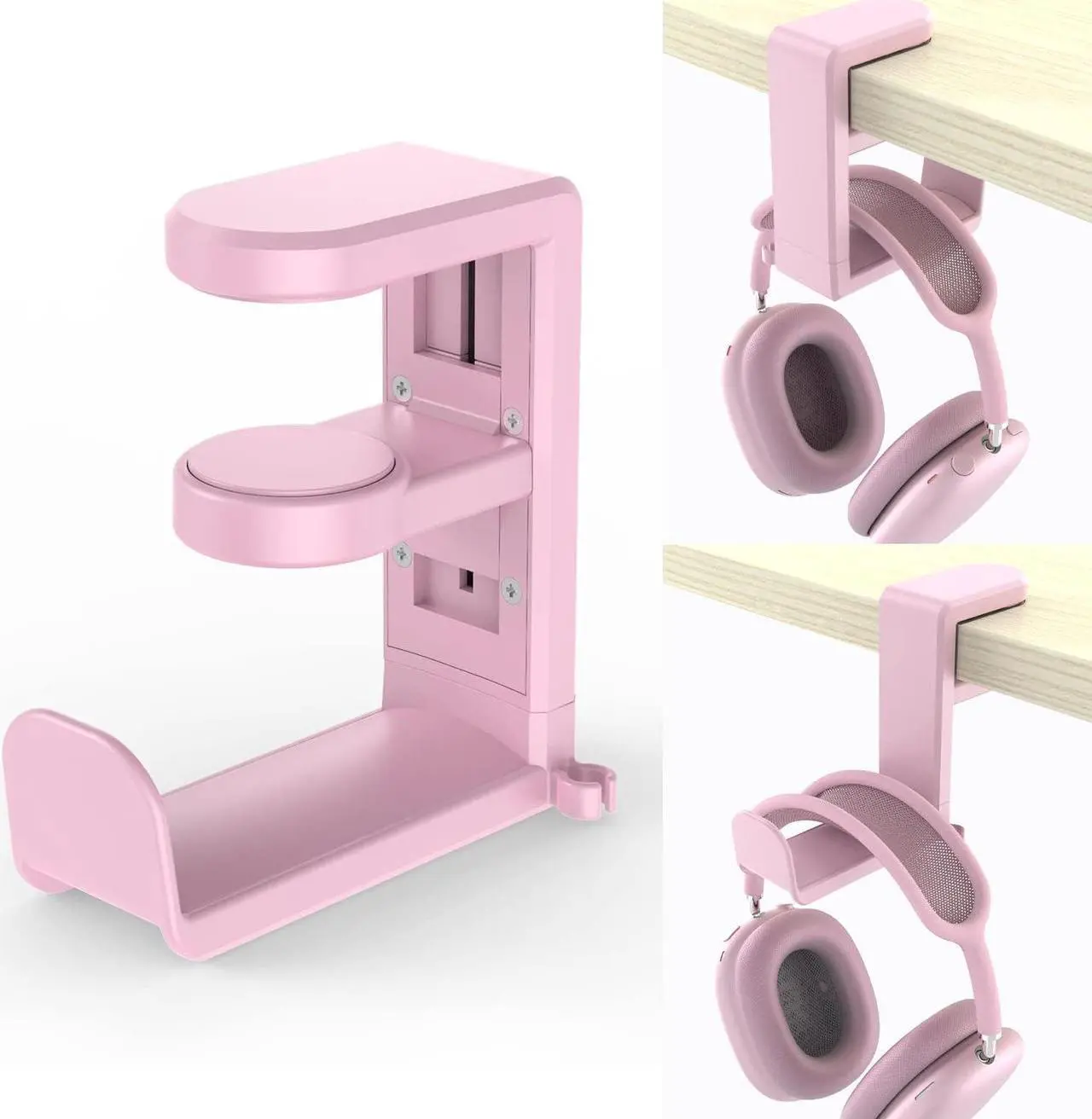 Main image of PC Gaming Headset Headphone Hook Holder Hanger Mount, Headphones Stand with Adjustable & Rotating Arm Clamp, Under Desk Design, Universal Fit, Built in Cable Clip Pink