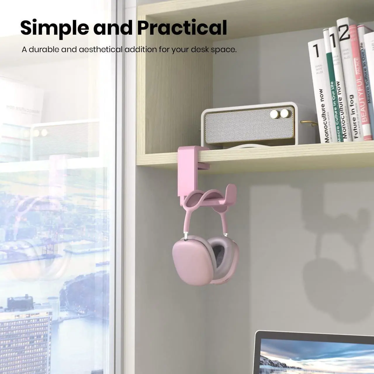 Alt view image 2 of 6 - PC Gaming Headset Headphone Hook Holder Hanger Mount, Headphones Stand with Adjustable & Rotating Arm Clamp, Under Desk Design, Universal Fit, Built in Cable Clip Pink