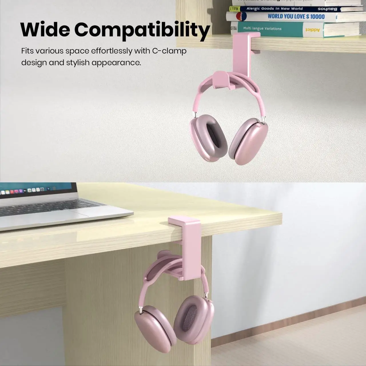 Alt view image 3 of 6 - PC Gaming Headset Headphone Hook Holder Hanger Mount, Headphones Stand with Adjustable & Rotating Arm Clamp, Under Desk Design, Universal Fit, Built in Cable Clip Pink