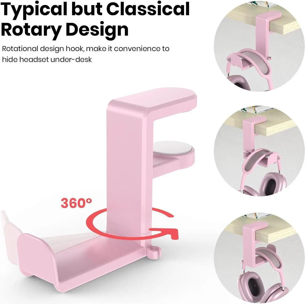 Alt view image 4 of 6 - PC Gaming Headset Headphone Hook Holder Hanger Mount, Headphones Stand with Adjustable & Rotating Arm Clamp, Under Desk Design, Universal Fit, Built in Cable Clip Pink