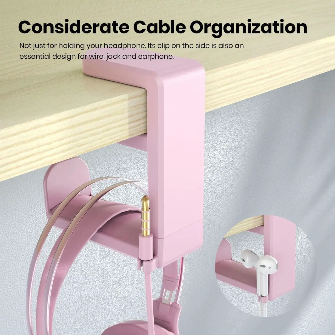 Alt view image 6 of 6 - PC Gaming Headset Headphone Hook Holder Hanger Mount, Headphones Stand with Adjustable & Rotating Arm Clamp, Under Desk Design, Universal Fit, Built in Cable Clip Pink