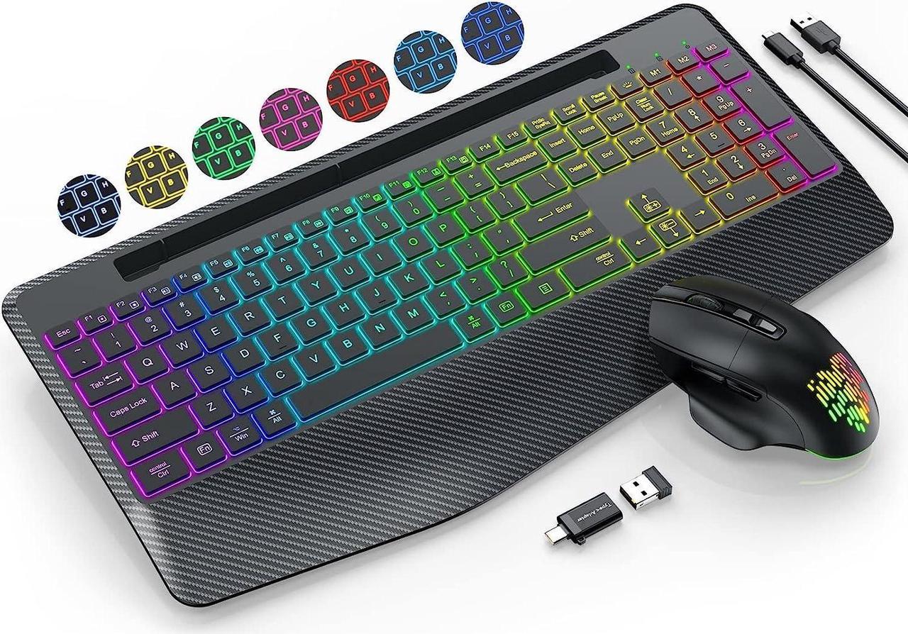 Wireless Keyboard and Mouse with 9 Colored Backlit, Wrist Rest, Jiggler Mouse, Rechargeable Silent Ergonomic Light Up Keyboard Mouse Combo with Phone Holder for Windows, Mac, PC, Laptop