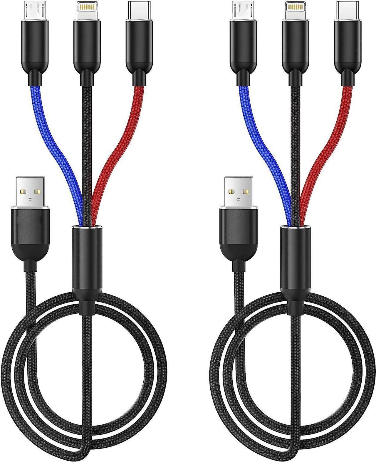 Multi Charger Cable, Nylon Braided Universal 3 in 1 Multiple Ports Devices USB Charging Cord with USB Type C/Micro USB Connectors for Phones Tablets - 1.1Ft, 2Pack