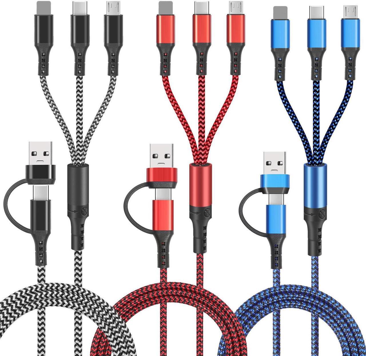 6 in 1 Multi Charging Cable 3Pack 4ft USB A/C to Phone USB C Micro USB Connector Cord Compatible with Cell Phones Tablets and More - (Red,Black,Blue)