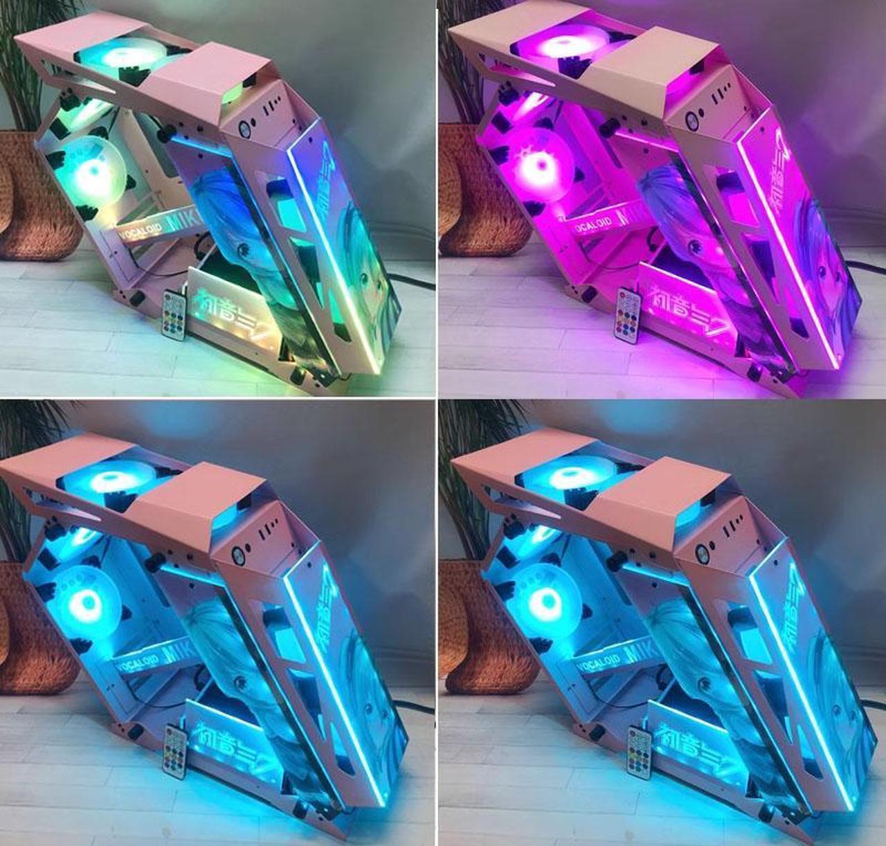 Alt view image 2 of 4 - CORN Opened(Not Dustproof) PC Case, Tempered Glass Gaming Desktop Computer Case, Micro ATX/Mini ITX with Light Board(Miku) and 120mm Fan*6, Support 240 Liquid Cooling, Unique Appearance Pink