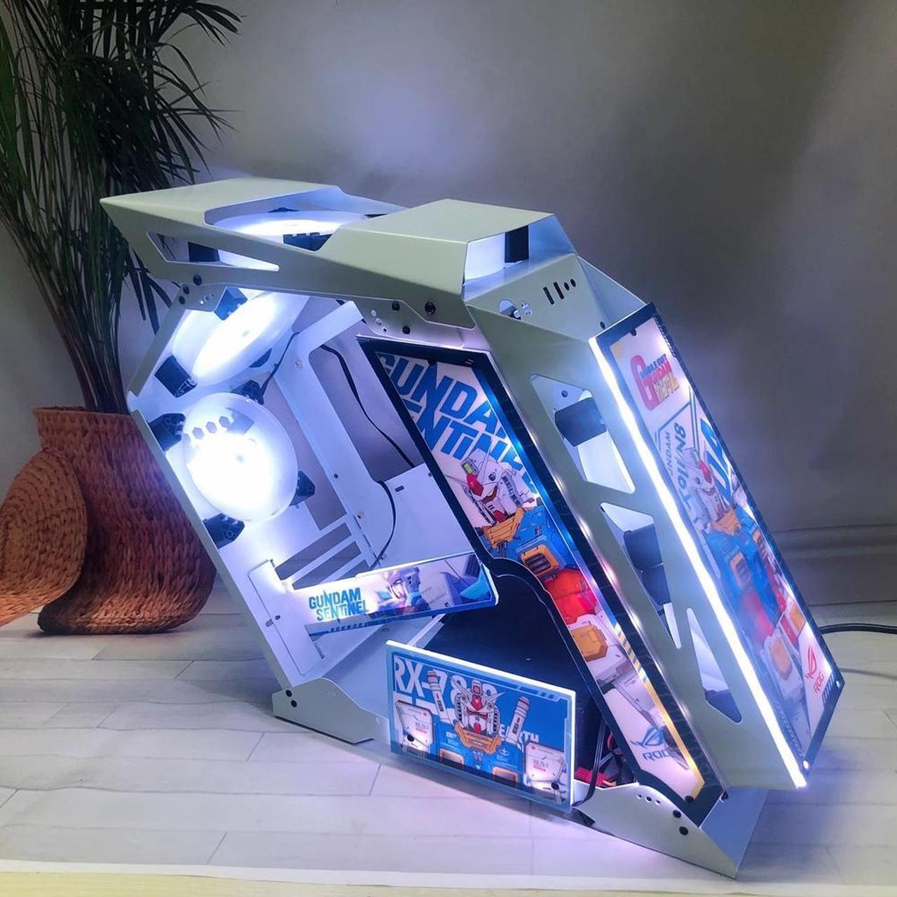 Main image of CORN Opened(Not Dustproof) PC Case, Tempered Glass Gaming Desktop Computer Case, Micro ATX/Mini ITX with Light Board(Gundam) and 120mm Fan*6,Support 240 Liquid Cooling, Unique Appearance White