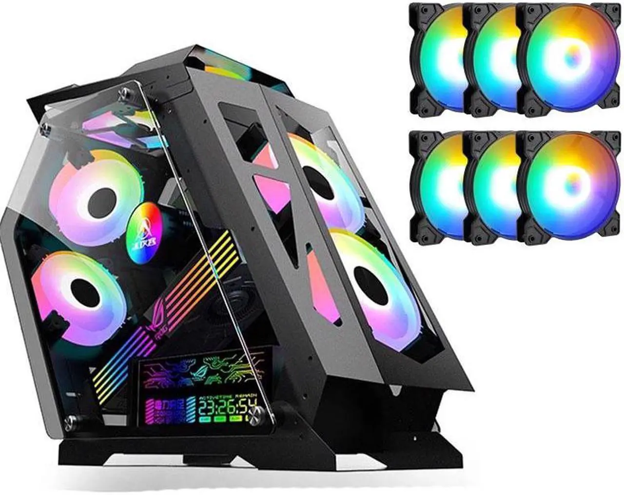 Alt view image 3 of 3 - CORN Opened(Not Dustproof) PC Case, Tempered Glass Gaming Desktop Computer Case, Micro ATX/Mini ITX with ROG Light Board and 120mm Fan*6, Support 240 Liquid Cooling, Unique Appearance