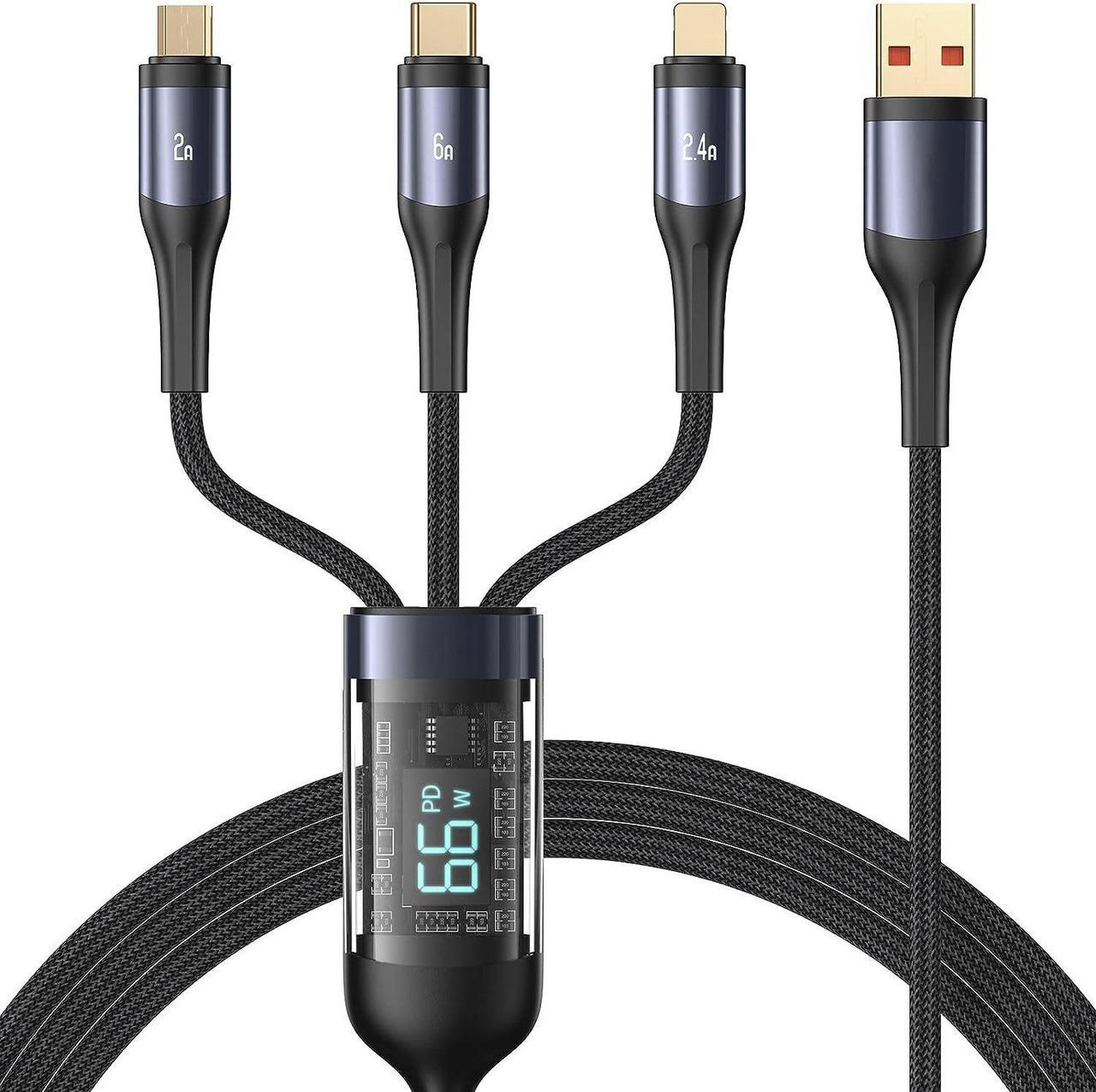 6A Multi Charging Cable 4ft 3 in 1 Braided LED Display 66W Fast Charging Cord with Type C/Micro Connectors Universal Charger Adapter for Cell Phones/Samsung Galaxy and More