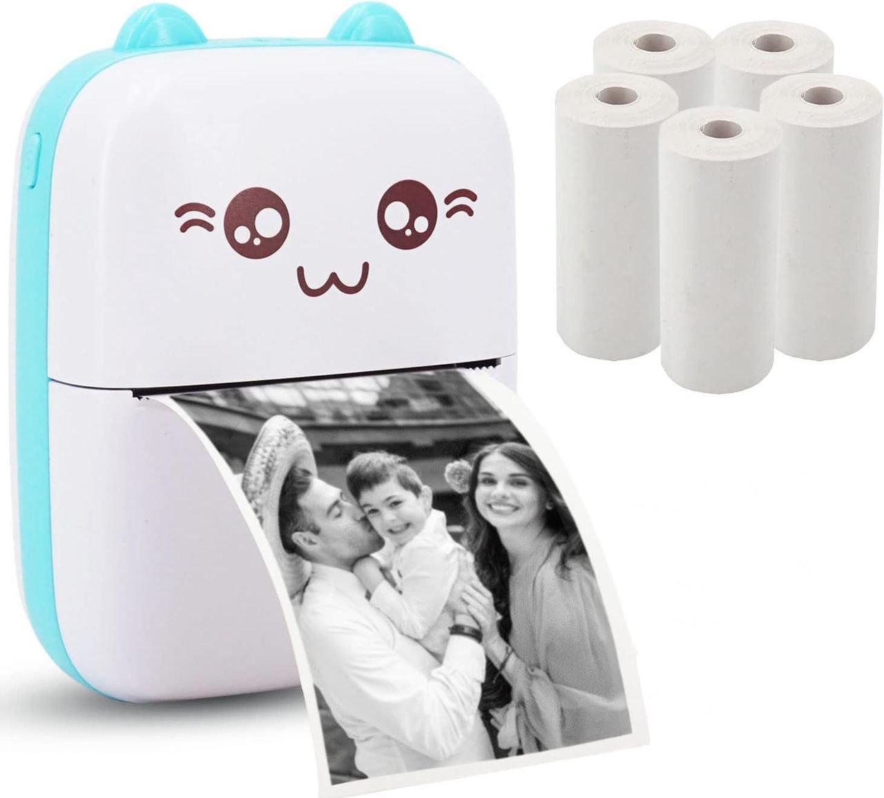 Mini Pocket Printer, Portable Thermal Printer with 5 Rolls Printing Paper, Bluetooth Wireless Tiny Printer for Photos/Stickers/Labels/Notes/Receipts, Compatible with iOS and Android