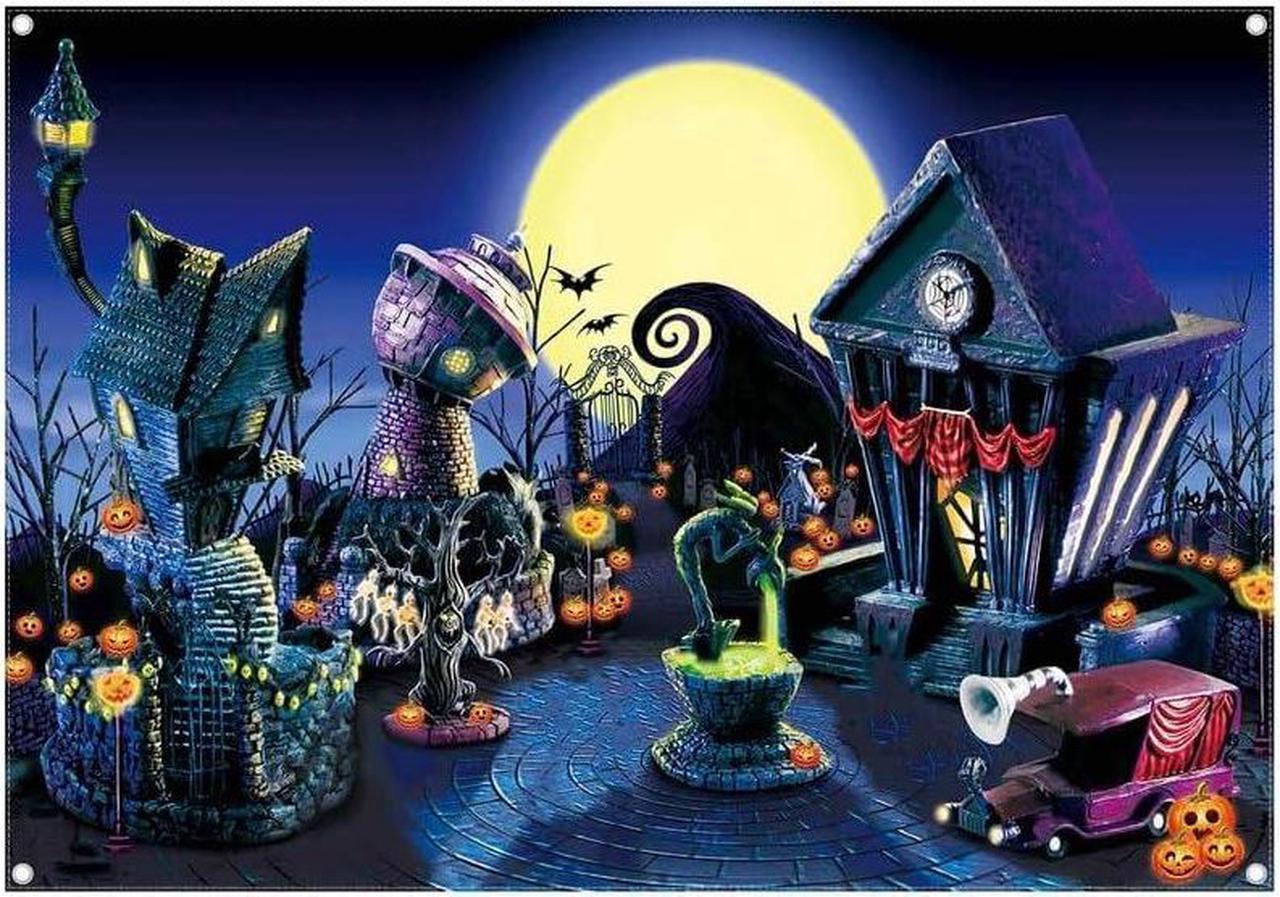 7x5ft Halloween Nightmare Themed Party Photography Backdrop Pumpkin Moon Town Background Birthday Baby Shower Christmas Party Decorations Photo Tapestry Props