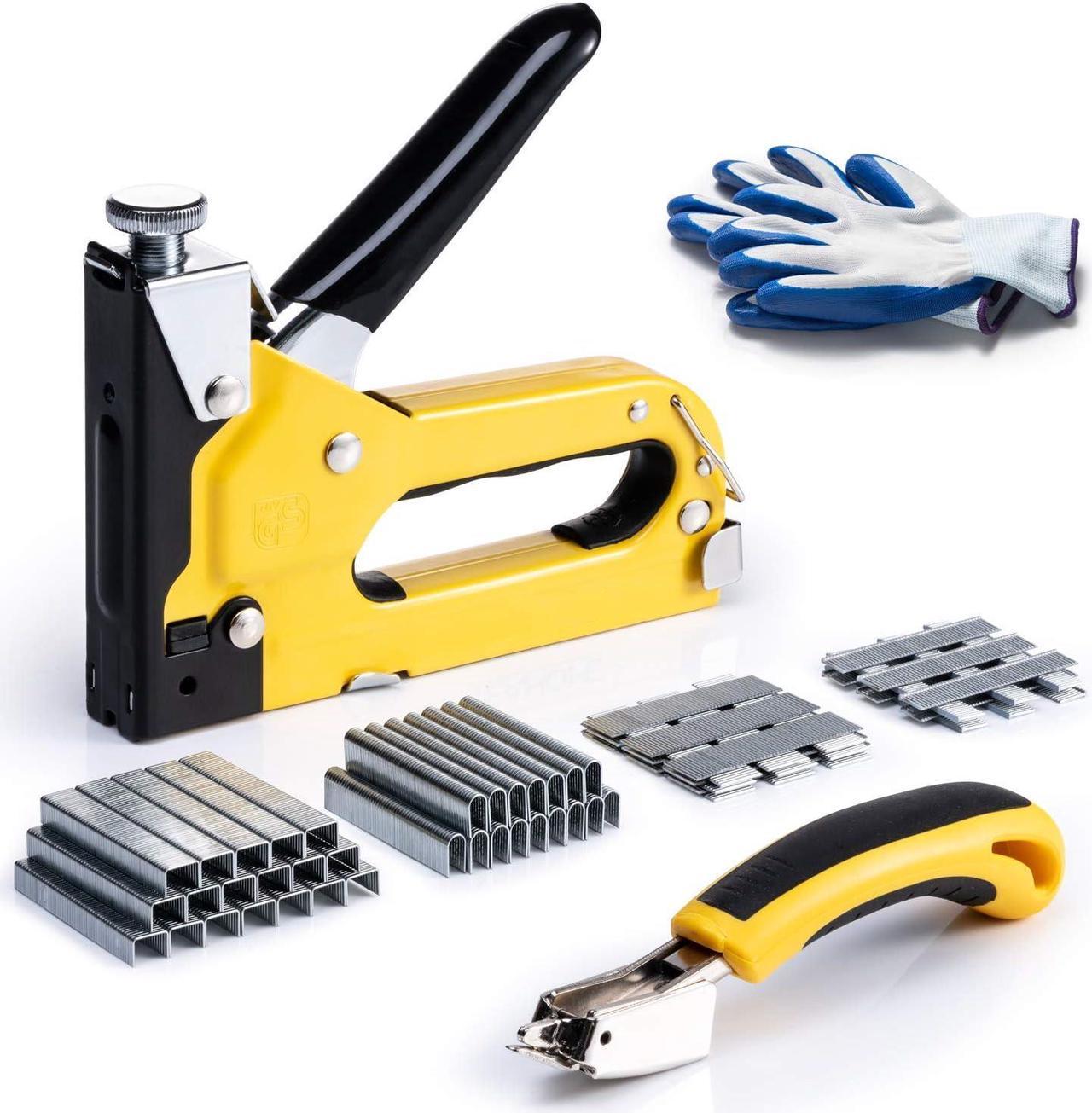 Upholstery 4 in 1 Staple Gun Heavy Duty, with 6000 Staples, Remover, Gloves, Manual Brad Nailer Power Adjustment Stapler Gun for Wood, Upholstery, Carpentry, Decoration DIY Staple Gun