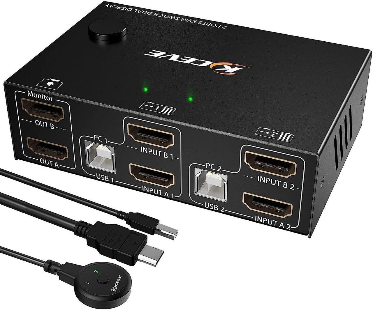 Dual Monitor KVM Switch HDMI 2 Port 4K@60Hz,CORN USB HDMI Extended Display Switcher for 2 Computers Share 2 Monitors and 4 USB 2.0 Hub,Desktop Controller and USB HDMI Cables Included