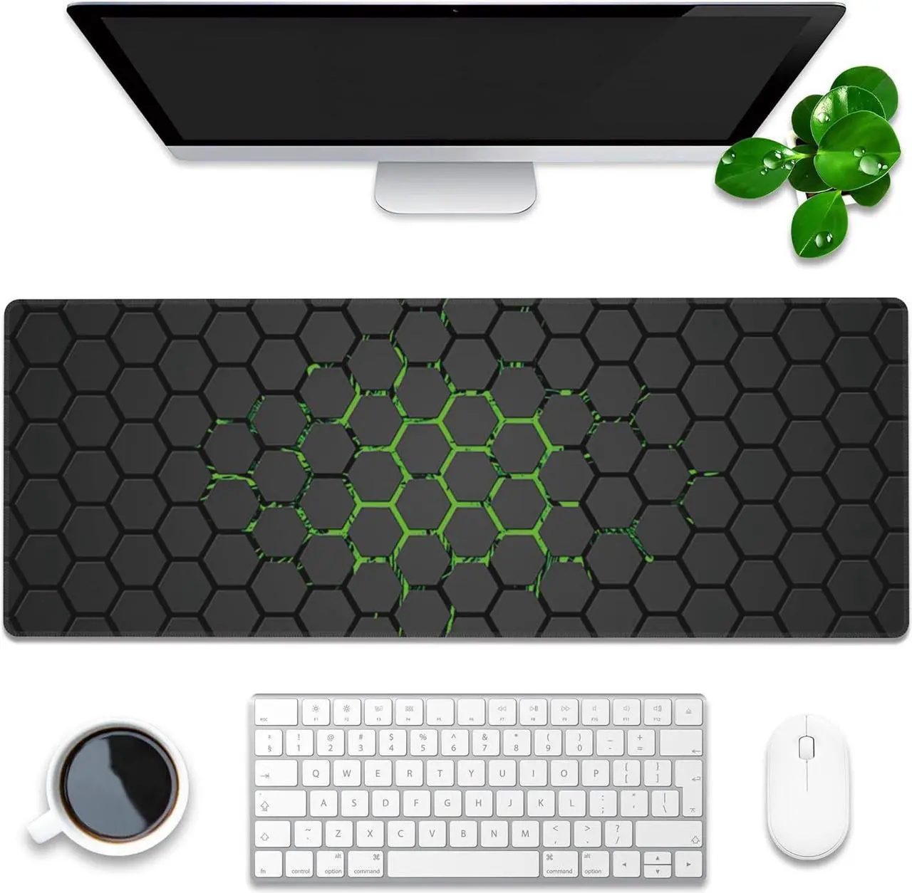 Main image of Desk Pad, Green Honeycomb Science Technology Extended Gaming Mouse Pad Large, 31.5"x11.8" Big Mouse Pad with Non-Slip Base and Stitched Edge, Long Computer Keyboard Mouse Mat for Home Office Work