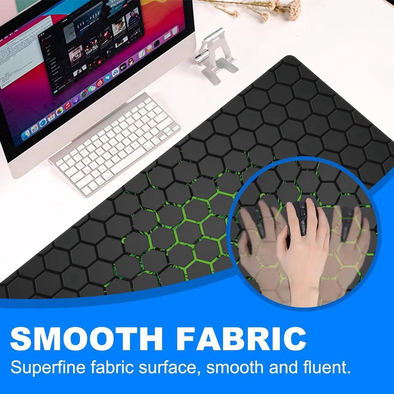 Alt view image 2 of 5 - Desk Pad, Green Honeycomb Science Technology Extended Gaming Mouse Pad Large, 31.5"x11.8" Big Mouse Pad with Non-Slip Base and Stitched Edge, Long Computer Keyboard Mouse Mat for Home Office Work