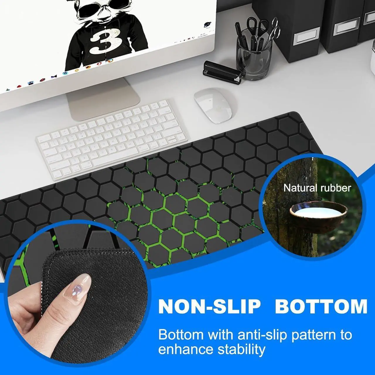 Alt view image 3 of 5 - Desk Pad, Green Honeycomb Science Technology Extended Gaming Mouse Pad Large, 31.5"x11.8" Big Mouse Pad with Non-Slip Base and Stitched Edge, Long Computer Keyboard Mouse Mat for Home Office Work