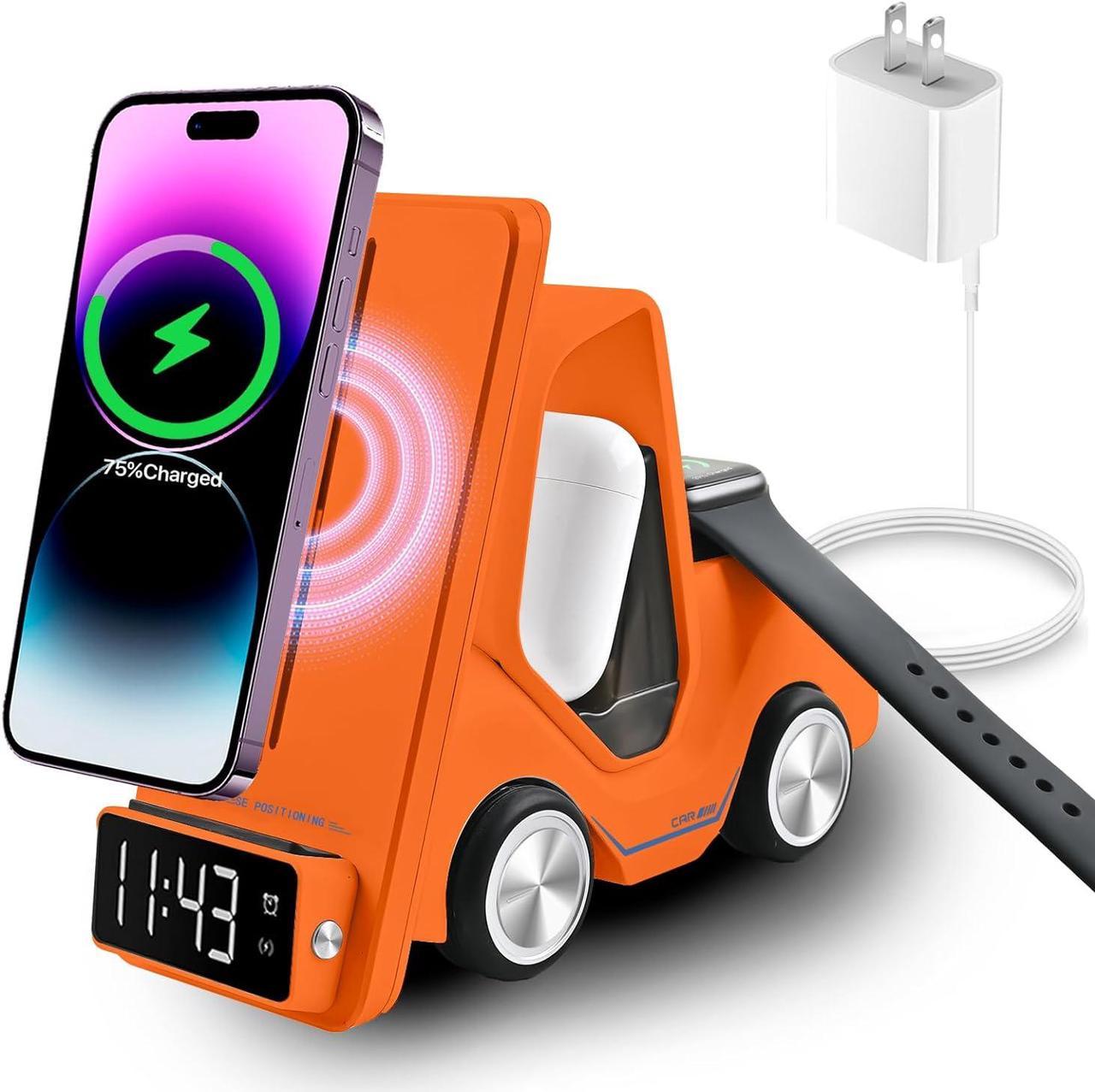 6 in 1 Forklift Wireless Charging Station, fast Multifunctional Wireless Desktop Charger Stand for iPhone 15/14/13/12 Series, AirPods Pro/3/2, Apple Watch/iWatch Support Alarm Clock Light (Orange)