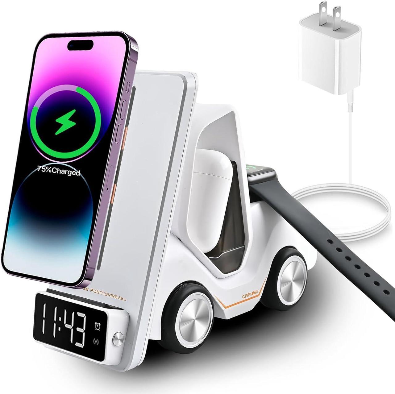 6 in 1 Forklift Wireless Charging Station, fast Multifunctional Wireless Desktop Charger Stand for iPhone 15/14/13/12 Series, AirPods Pro/3/2, Apple Watch/iWatch Support Alarm Clock Light (White)