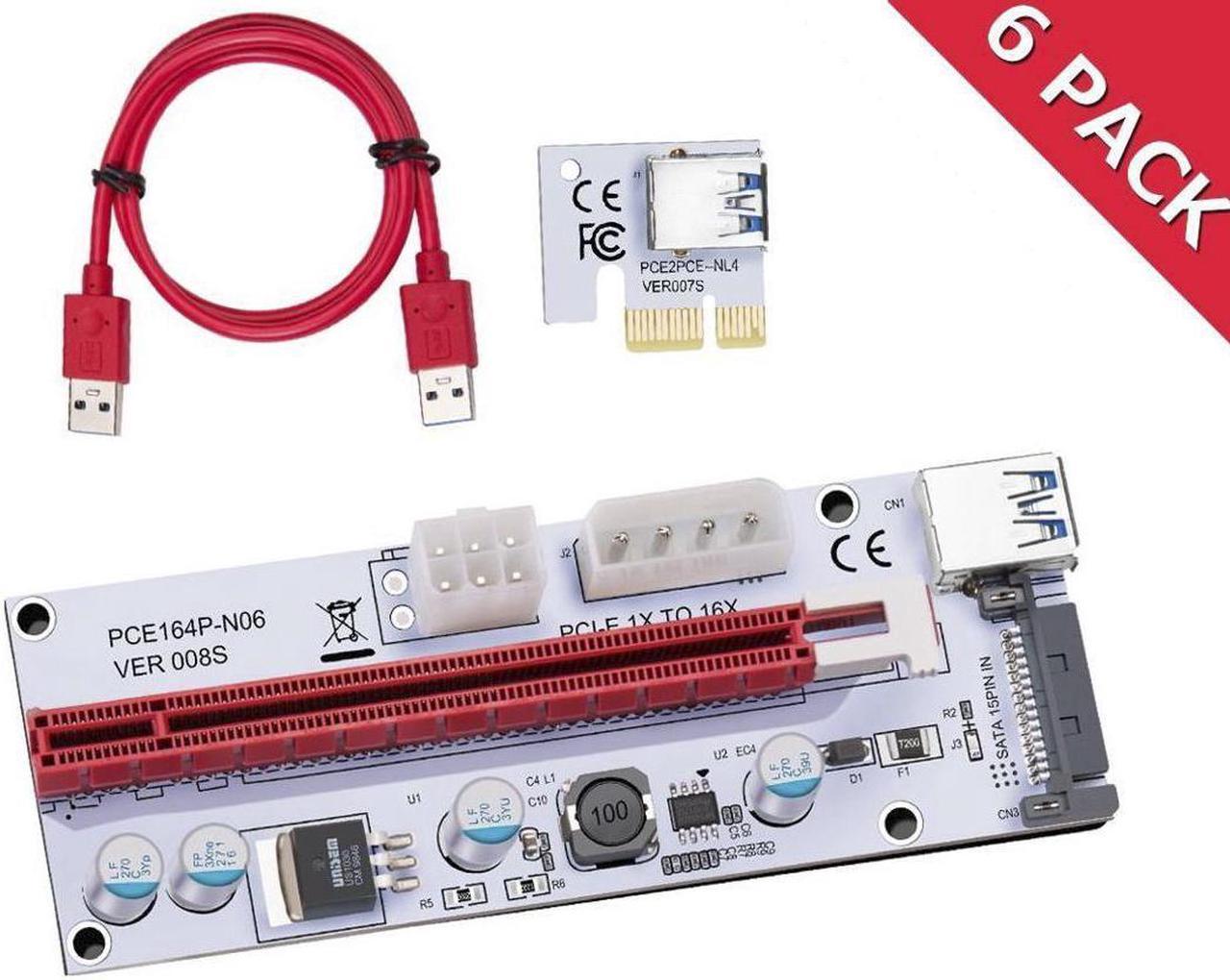 6-Pack Corn Electronics Updated Ver008S Mining Dedicated Riser Card PCI-E Express Cable 1x to 16x Ethereum ETH Mining 60cm USB 3.0 Cable 4 Solid Capacitors LED Indicator and Fuse Included