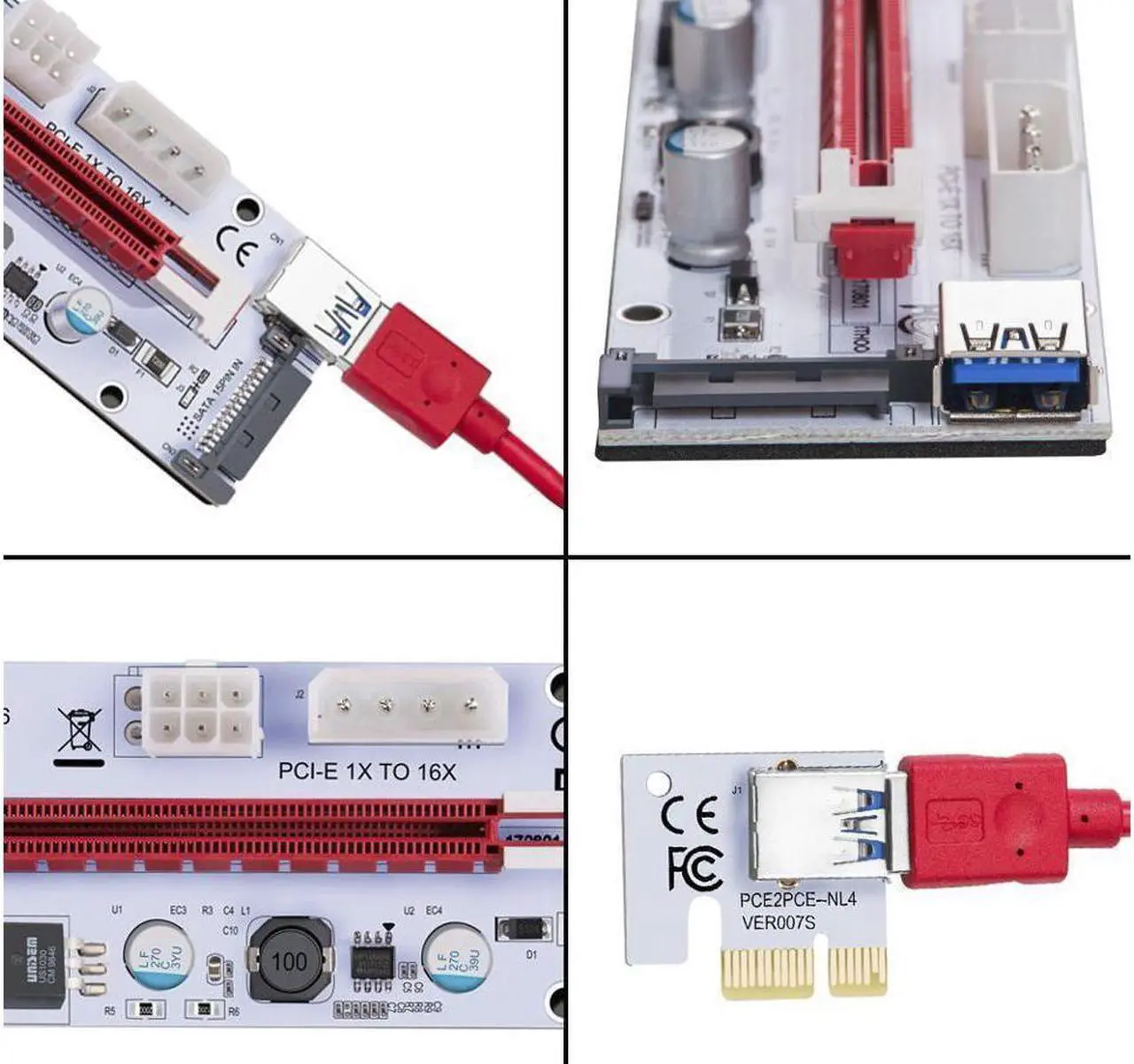 Alt view image 2 of 5 - 4-Pack Updated Ver008S Mining Dedicated Riser Card PCI-E Express Cable 1x to 16x Ethereum ETH Mining 60cm USB 3.0 Cable 4 Solid Capacitors LED Indicator and Fuse Included