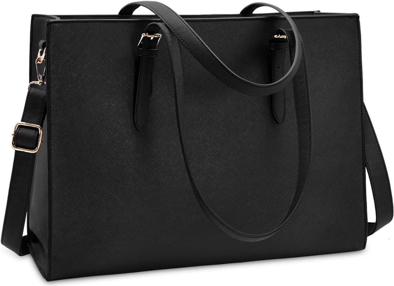 Laptop Bag for Women Waterproof Lightweight Leather 15.6 Inch Computer Tote Bag Business Office Briefcase Large Capacity Handbag Shoulder Bag Professional Office Work Bag Black