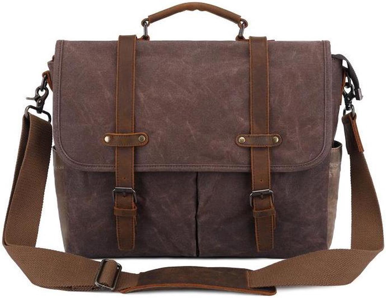 Mens Messenger Bag 15.7 Inch Waterproof Vintage Genuine Leather Waxed Canvas Briefcase Large Leather Computer Laptop Bag Rugged Satchel Shoulder Bag, Brown