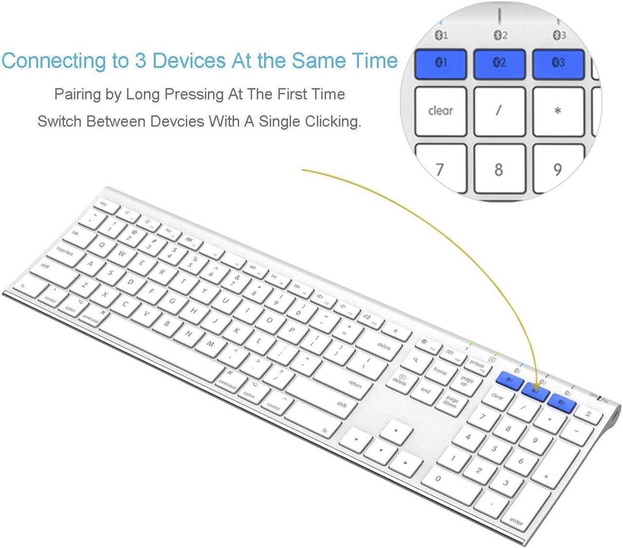 Alt view image 3 of 7 - Bluetooth Keyboard for Mac iPad Multi-Device Stainless Steel Full Size Wireless Keyboard Compatible with iPad, iMac, Mac Mini, MacBook, iPhone, Mac OS, iOS, Built-in Rechargeable Battery
