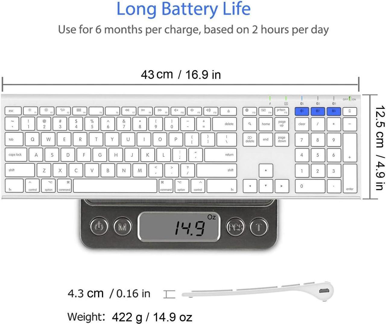 Alt view image 6 of 7 - Bluetooth Keyboard for Mac iPad Multi-Device Stainless Steel Full Size Wireless Keyboard Compatible with iPad, iMac, Mac Mini, MacBook, iPhone, Mac OS, iOS, Built-in Rechargeable Battery