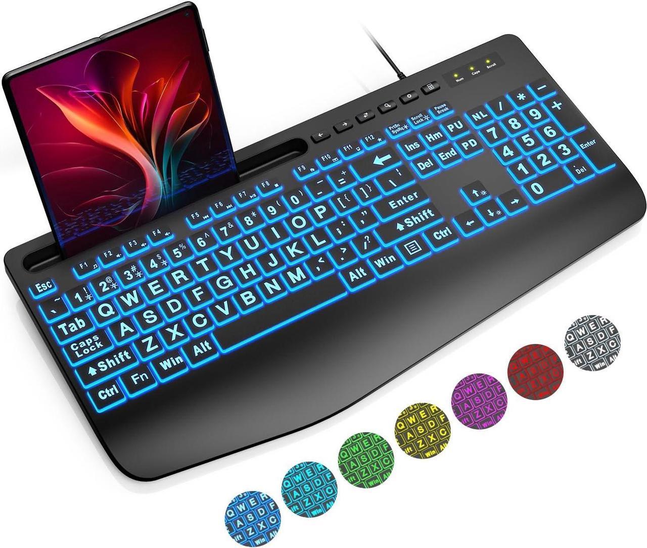 Large Print Backlit Keyboard, Wired USB Lighted Computer Keyboards with 7-Color Backlit, Wrist Rest, Phone Holder, Big Letters Keys Easy to Read and Type for PC, Laptop, Desktop