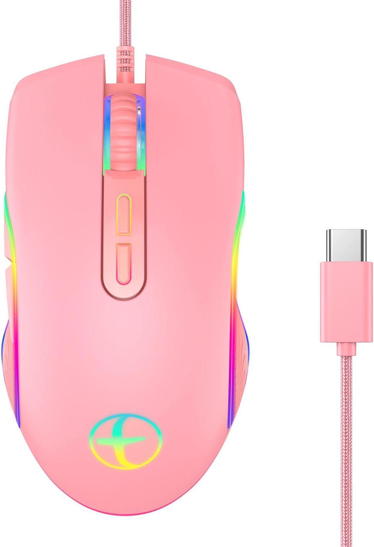 CORN Wired Gaming Mouse, 3200 DPI 4 Adjustable Levels, Ergonomic RGB Light Mouse with Type-C for PC/Mac/Laptop (Pink)