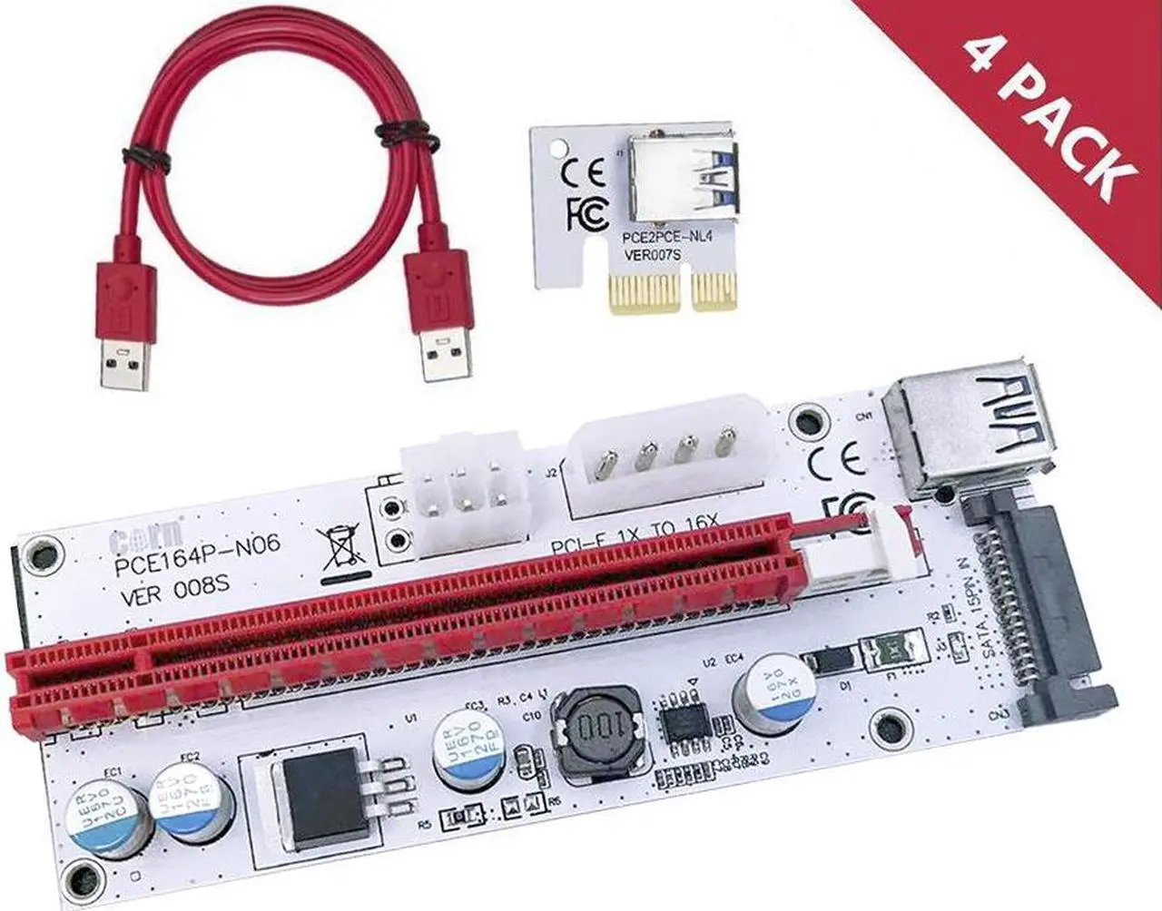Main image of 4-Pack Updated Ver008S Mining Dedicated Riser Card PCI-E Express Cable 1x to 16x Ethereum ETH Mining 60cm USB 3.0 Cable 4 Solid Capacitors LED Indicator and Fuse Included