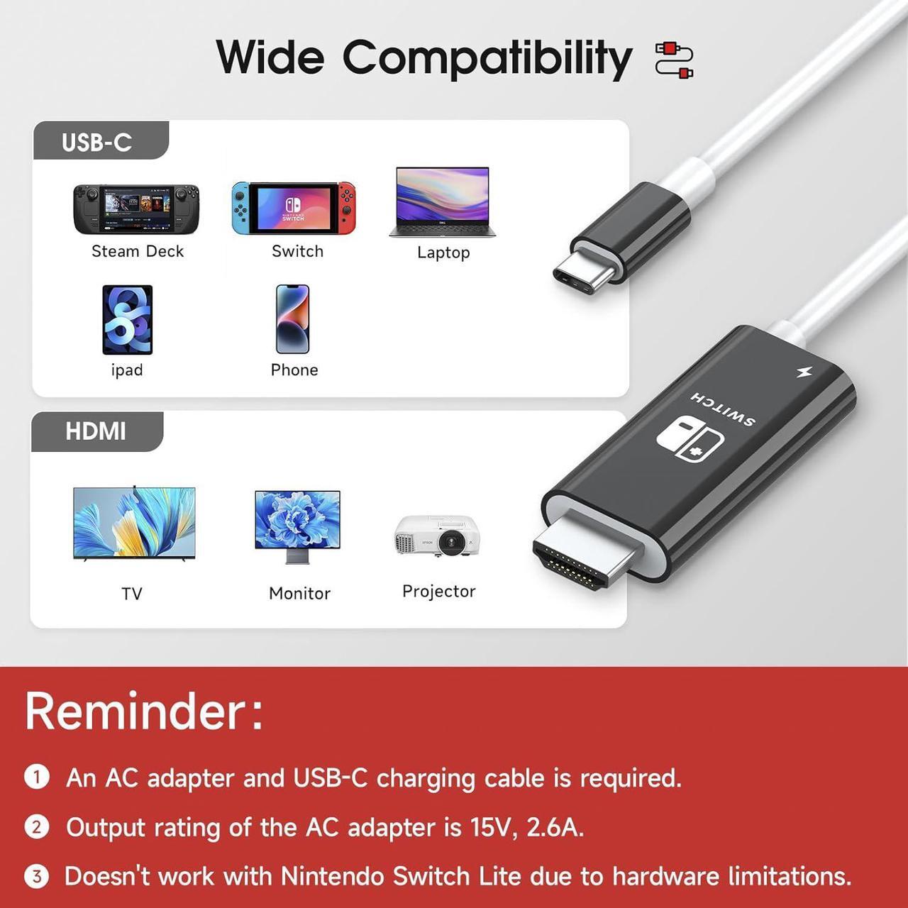 Alt view image 7 of 7 - Portable HDMI Adapter Compatible with Nintendo Switch NS/OLED, USB C to HDMI Cable Replaces The Original Switch Dock for TV Screen Mirroring, Convenient for Travel, 4K HD, 2m, Black