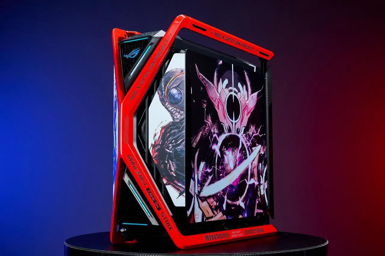 Main image of GR701 E-ATX computer case, 420 mm dual radiator support, four 140 mm fans, metal GPU holder, component storage, ARGB fan hub, 60W fast charging Kamen Rider